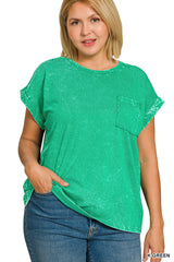 Zenana Full Size Crinkle Washed Round Neck Folded Short Sleeve Tee Plus Size Trendsi
