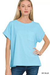 Cuffed Front Pocket Short Sleeve Tee ZENANA SKY BLUE S