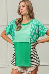 Leopard and Stripe Color Block Top With Exposed Seam BiBi MINT COMBO S
