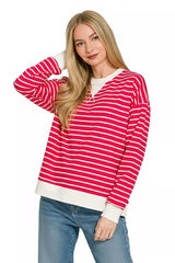 Contrast Striped Round Neck Sweatshirt ZENANA