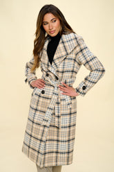 Double-Breasted Plaid Coat with Belt Coalition LA Khaki Multi S