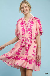 Floral Tie-Waist Boho Mini Dress Umgee PINK S