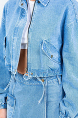 Drawstring Waist Crop Trucker Denim Jacket American Bazi