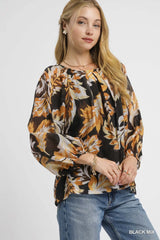 Autumn Leaf Print Balloon Sleeve Blouse Umgee