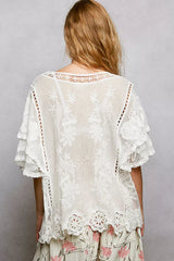 Floral Crochet V-Neck Short Sleeve Blouse with Scalloped Hem POL