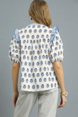 Ruffled Floral Print Puff Sleeve Blouse Umgee