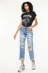 Mid Rise Distressed Boyfriend Fit Jeans Kancan