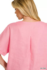 Linen V-Neck Cuffed Sleeve Top ZENANA
