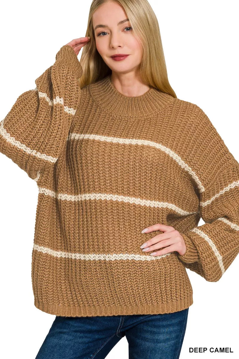 Zenana oversized striped sweater in deep camel with cream stripes, cozy ribbed knit pullover - Simmer & Fay