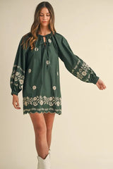 Embroidered Long Sleeve Peasant Mini Dress Mable
