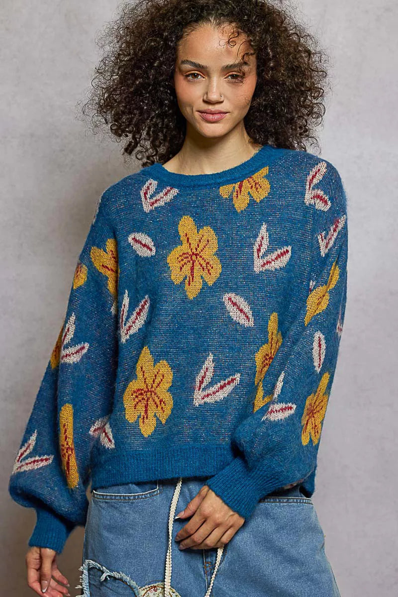 Floral Pattern Round Neck Balloon Sleeve Sweater POL LAPIS BLUE S