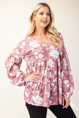 Tiered Floral V-Neck Long Sleeve Blouse Celeste