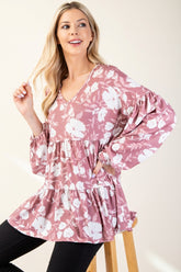 Tiered Floral V-Neck Long Sleeve Blouse Celeste Mauve S