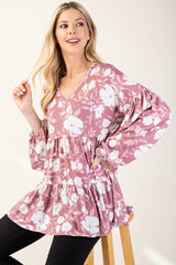 Tiered Floral V-Neck Long Sleeve Blouse Celeste Mauve S
