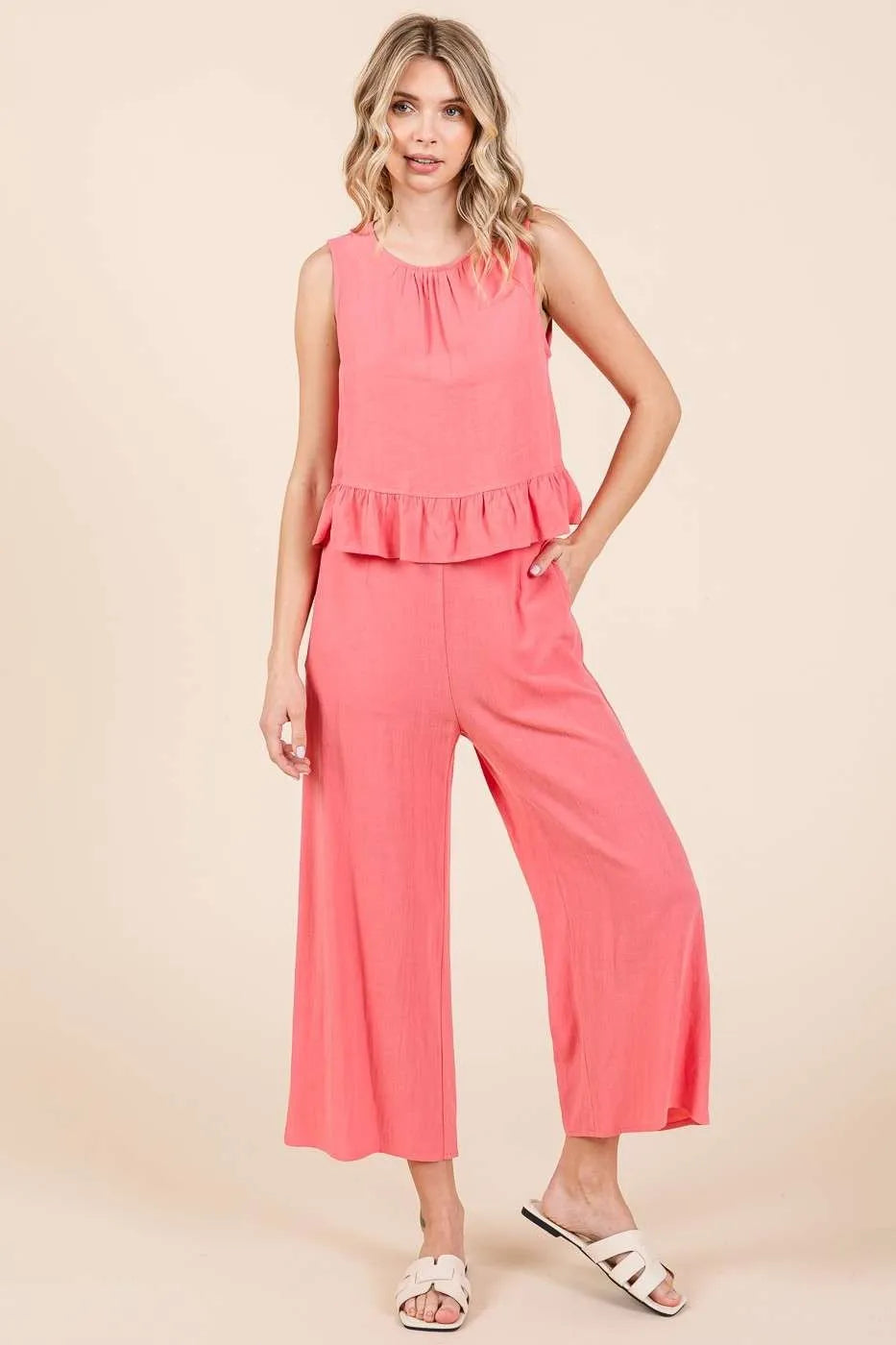 Linen Ruffle Tank Top and Pants Set Mittoshop