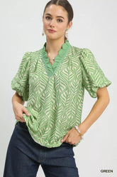 Printed Puff Sleeve Ruffle Neck Top Umgee GREEN S