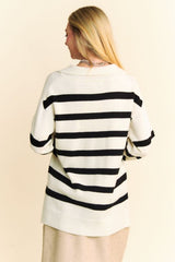 High-Low Side Slit Striped Johnny Collar Sweater Davi & Dani