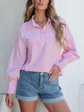 Pinstripe Long Sleeve Smocked Cuffs Button Shirt Collar Blouse Simmer & Fay Blush Pink S