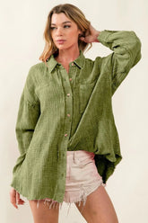 Raw Edge Detailed Mineral Washed Loose Fit Shirt BiBi VINTAGE OLIVE S