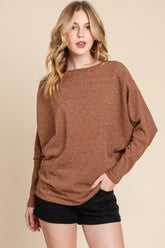 Drop Shoulder Long Sleeve Knit Top BomBom Camel S