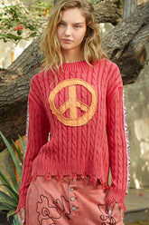 Washed Peace Patch Cable Knit Sweater POL Cherry S