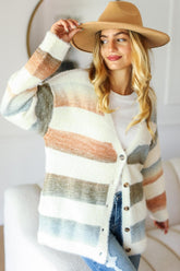 Button Down Stripe Soft Fuzzy Sweater Cardigan Haptics Ivory/Rust/Olive S