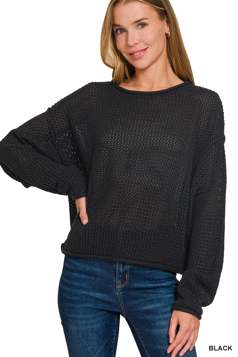 Textured Drop Shoulder Knit Top ZENANA BLACK S
