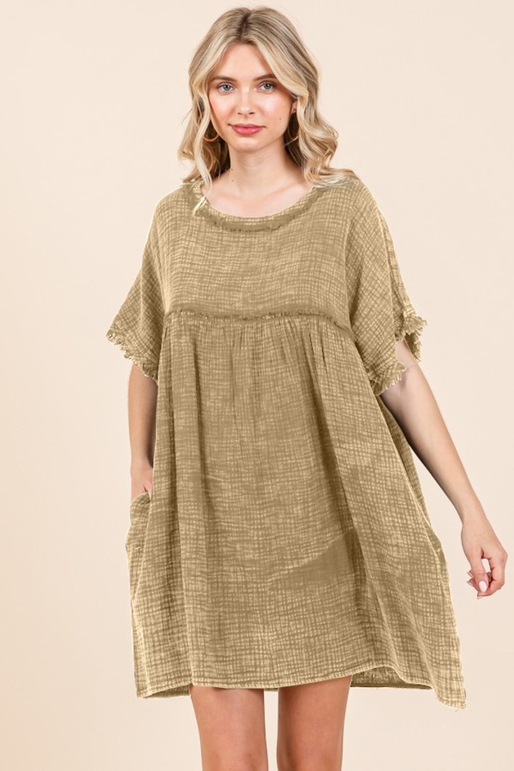 Short Sleeve Babydoll Textured Pocket Dress with Raw Hem Culture Code Iced Coffee S