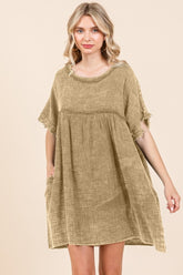Short Sleeve Babydoll Textured Pocket Dress with Raw Hem Culture Code Iced Coffee S