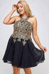 Plus Size Gold Embroidered Elegant Halter A-Line Cocktail Dress LA SCALA