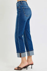 High Rise Ankle Straight Cuffed Jeans With Plus Size Risen