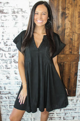 Textured V Neck Short Sleeve Pockted Mini Dress Simmer & Fay