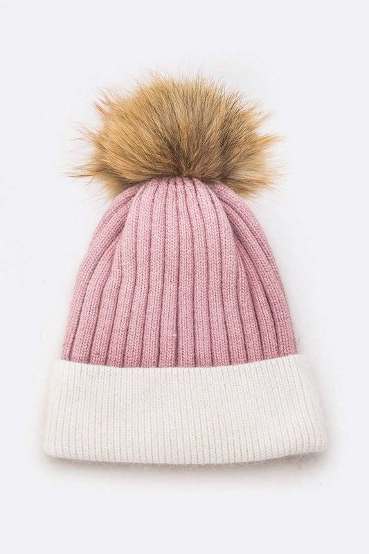 Raccoon Fur PomPom 2 Tone Beanie Simmer & Fay Pink 1