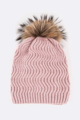 Raccoon Fur PomPom Chevron Knit Beanie Simmer & Fay Pink 1