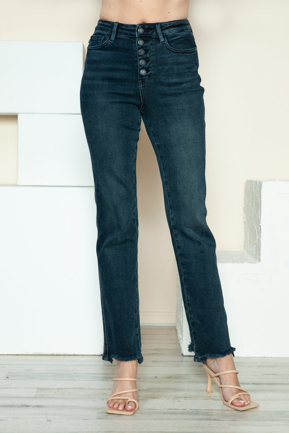 Button Fly Hem Destroy Straight Jeans Judy Blue