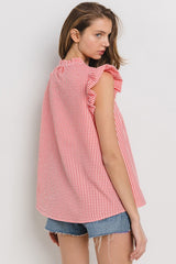 Plaid Notched Ruffled Cap Sleeve Blouse Ces Femme
