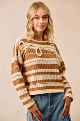 Striped Open Knit Sweater Top with Front Braided Detail BiBi BROWN S
