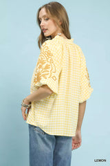 Umgee Gingham Embroidered Balloon Sleeve Top Trendsi