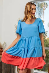 Two-Tone Balloon Sleeves U Neck Tiered Ruffle Hem Mini Dress BiBi SKY BLUE/CORAL S