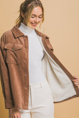 Corduroy Button Up Jacket with Sherpa Inside Love Tree