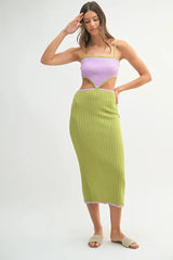 Ribbed Knit Color Block Cutout Midi Dress Mable