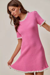 Contrast Ruffled Sweater Knit Mini Dress So Me