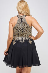 Plus Size Gold Embroidered Elegant Halter A-Line Cocktail Dress LA SCALA