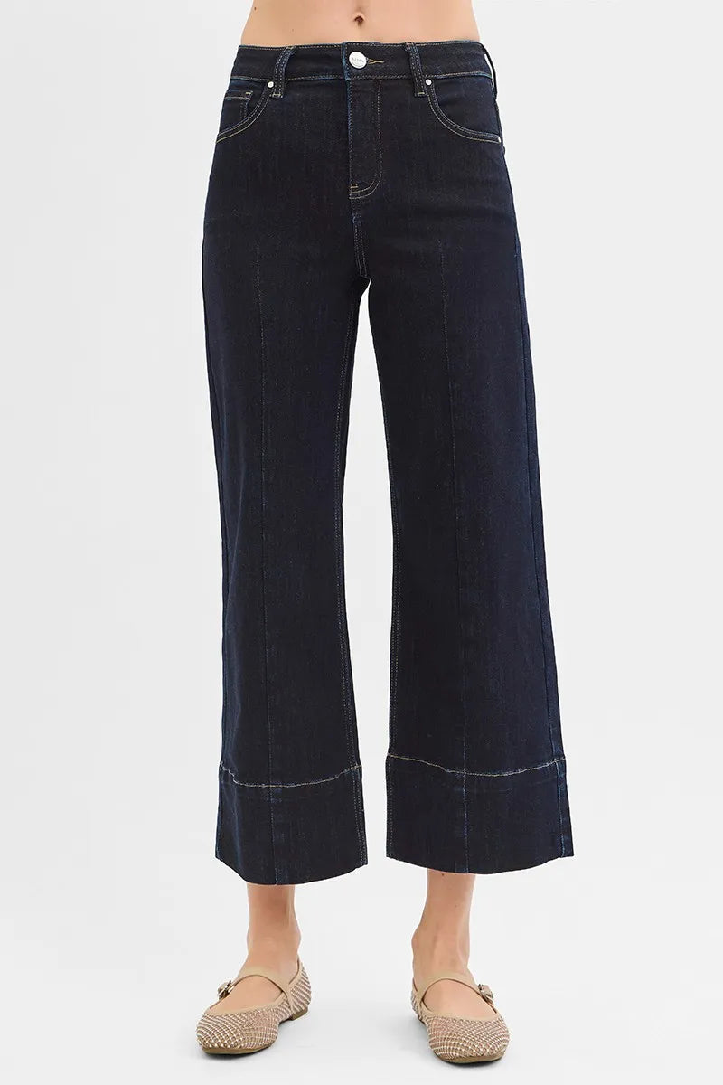 Tummy Control High Rise Crop Wide Seam Detailed Jeans Risen SOLID DARK 0