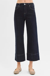Tummy Control High Rise Crop Wide Seam Detailed Jeans Risen SOLID DARK 0