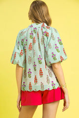Floral Print Scalloped Hem Puff Sleeve Blouse Umgee
