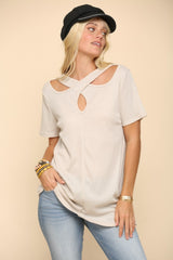 Crisscross Cutout Short Sleeve T-Shirt Celeste Beige S