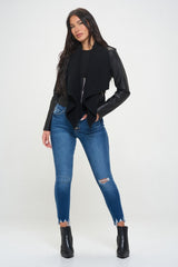 Knit Collared Faux Leather Crop Jacket Coalition LA