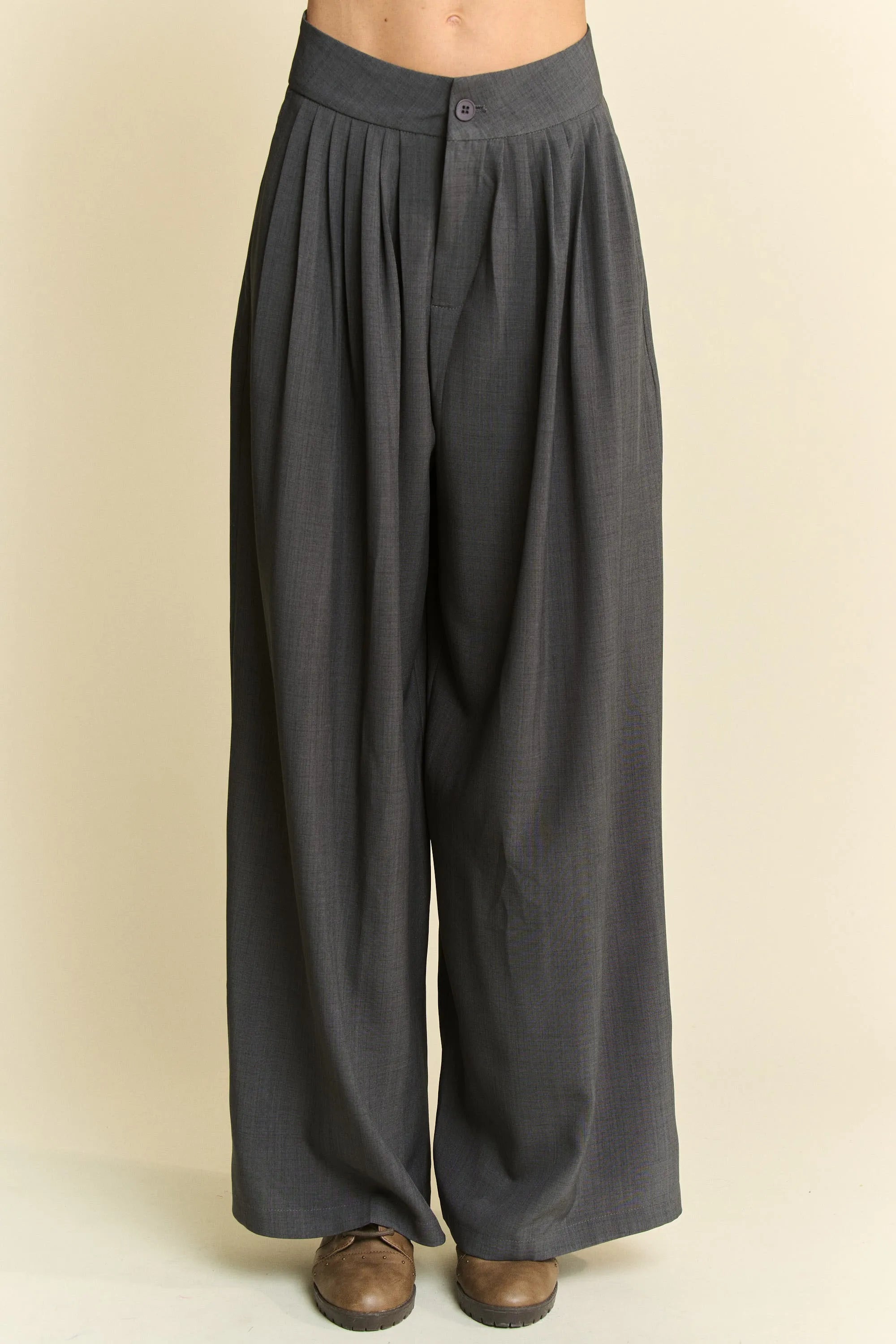 Solid Back Pocket Shirring Detail Wide Leg Pants Davi & Dani GREY S