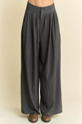 Solid Back Pocket Shirring Detail Wide Leg Pants Davi & Dani GREY S